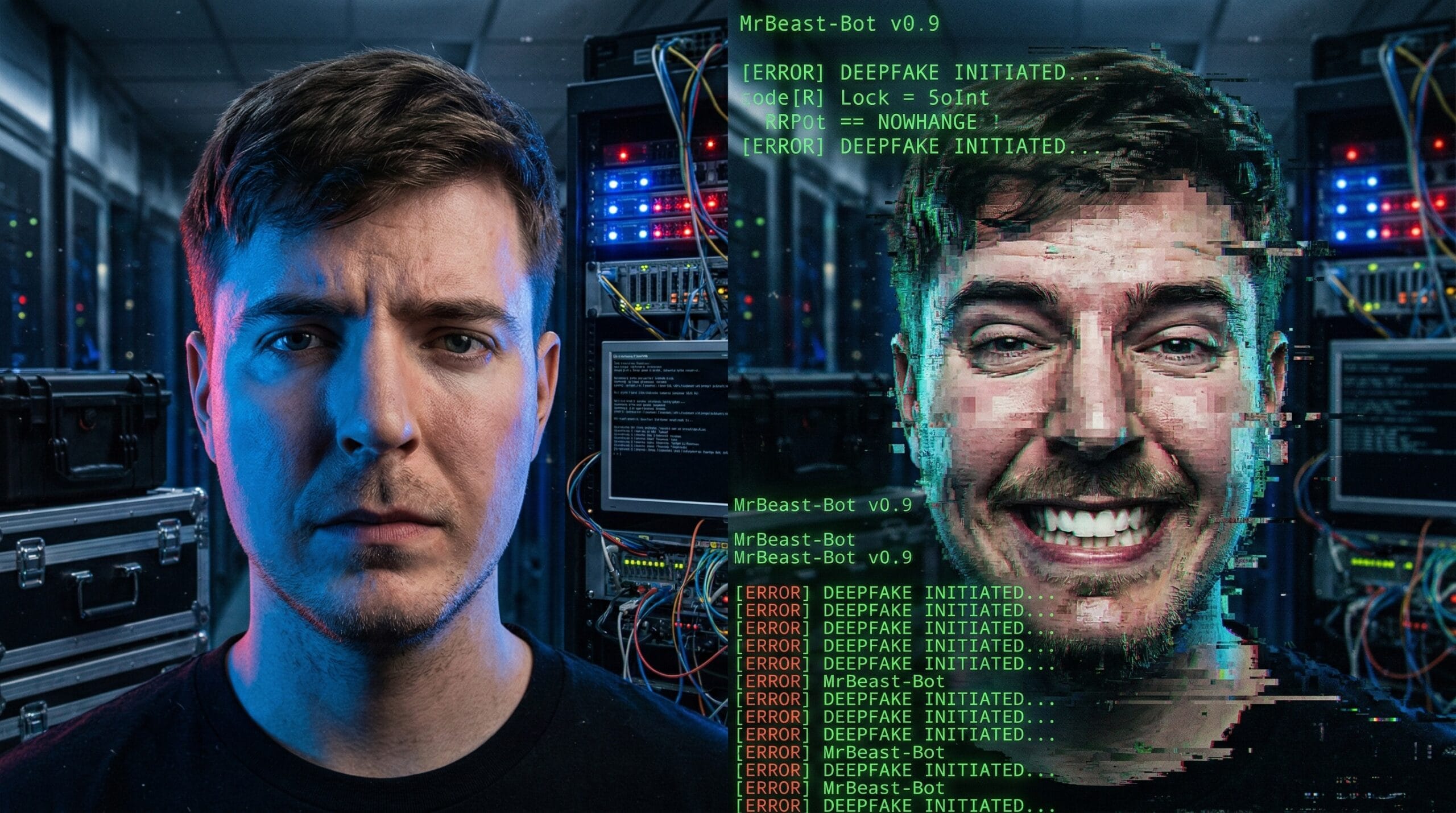 MrBeast looking concerned next to a glitching digital deepfake of himself in a server room.