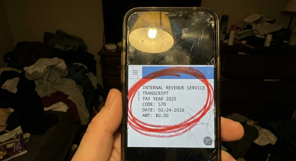 Cracked smartphone screen displaying IRS transcript code 570 additional account action pending in a dark room.