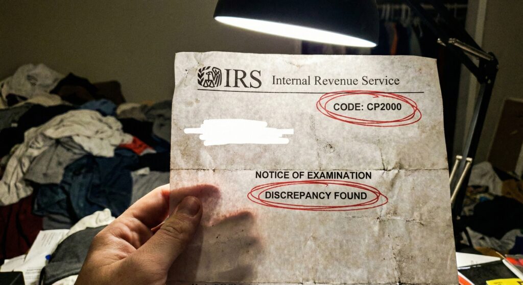 A crumpled official IRS letter on a messy desk showing a "Notice of Audit" or CP2000 code.