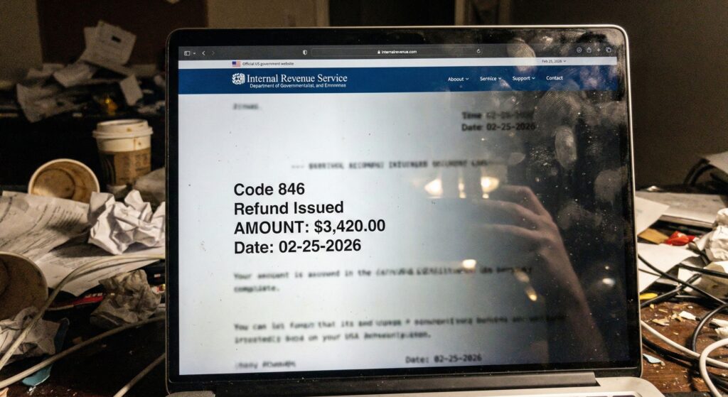 Dirty laptop screen displaying an IRS Account Transcript for 2025 tax return showing Code 846.