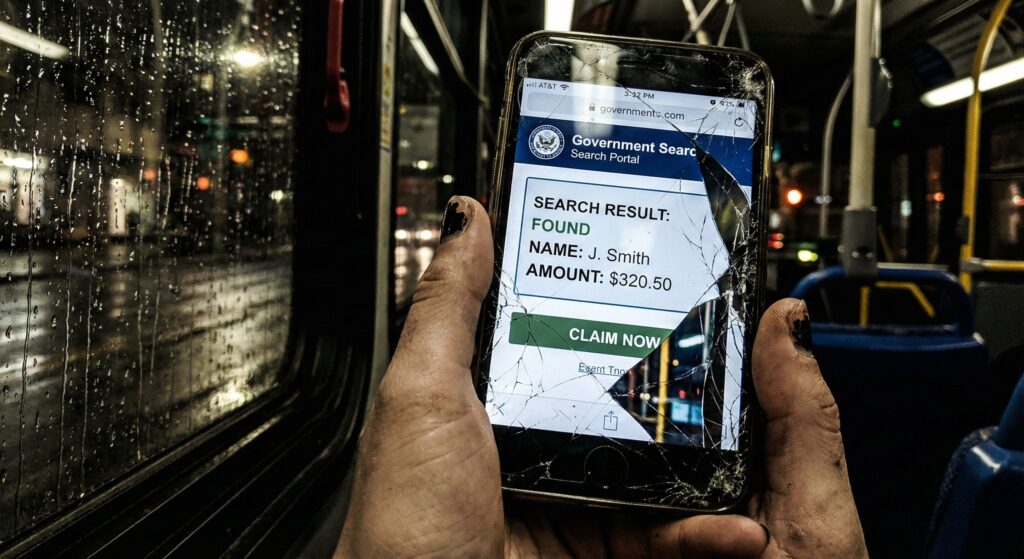A hand holding a smartphone with a cracked screen showing a search result for $320.50 in unclaimed funds.