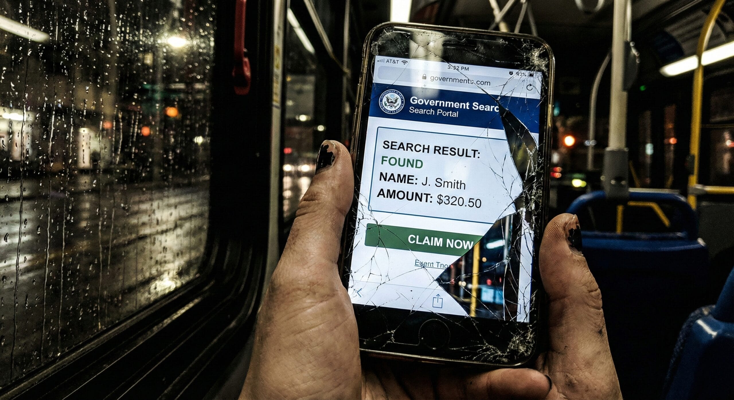 A hand holding a smartphone with a cracked screen showing a search result for $320.50 in unclaimed funds.