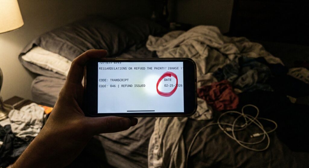A close-up of a smartphone screen displaying an IRS transcript with Code 846 Refund Issued.