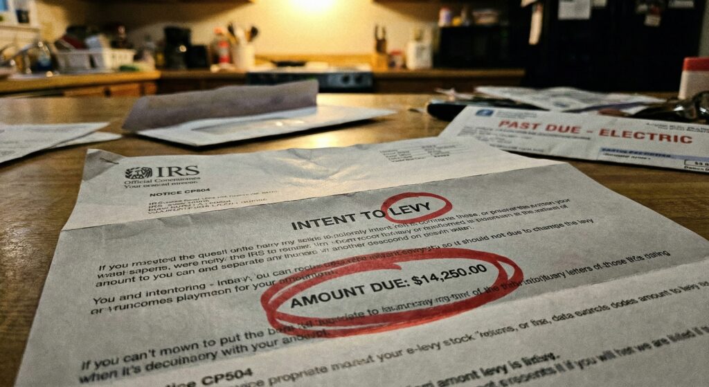 A crumpled IRS Notice CP504 "Intent to Levy" on a kitchen table.