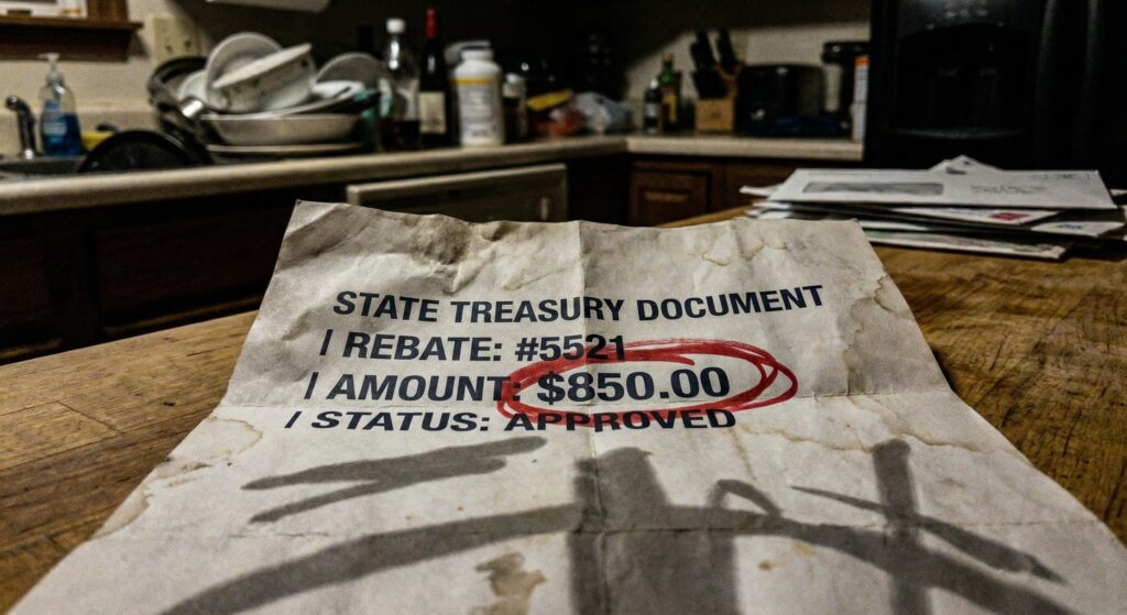A crumpled official state treasury letter on a messy table showing a rebate check amount of $850.00.