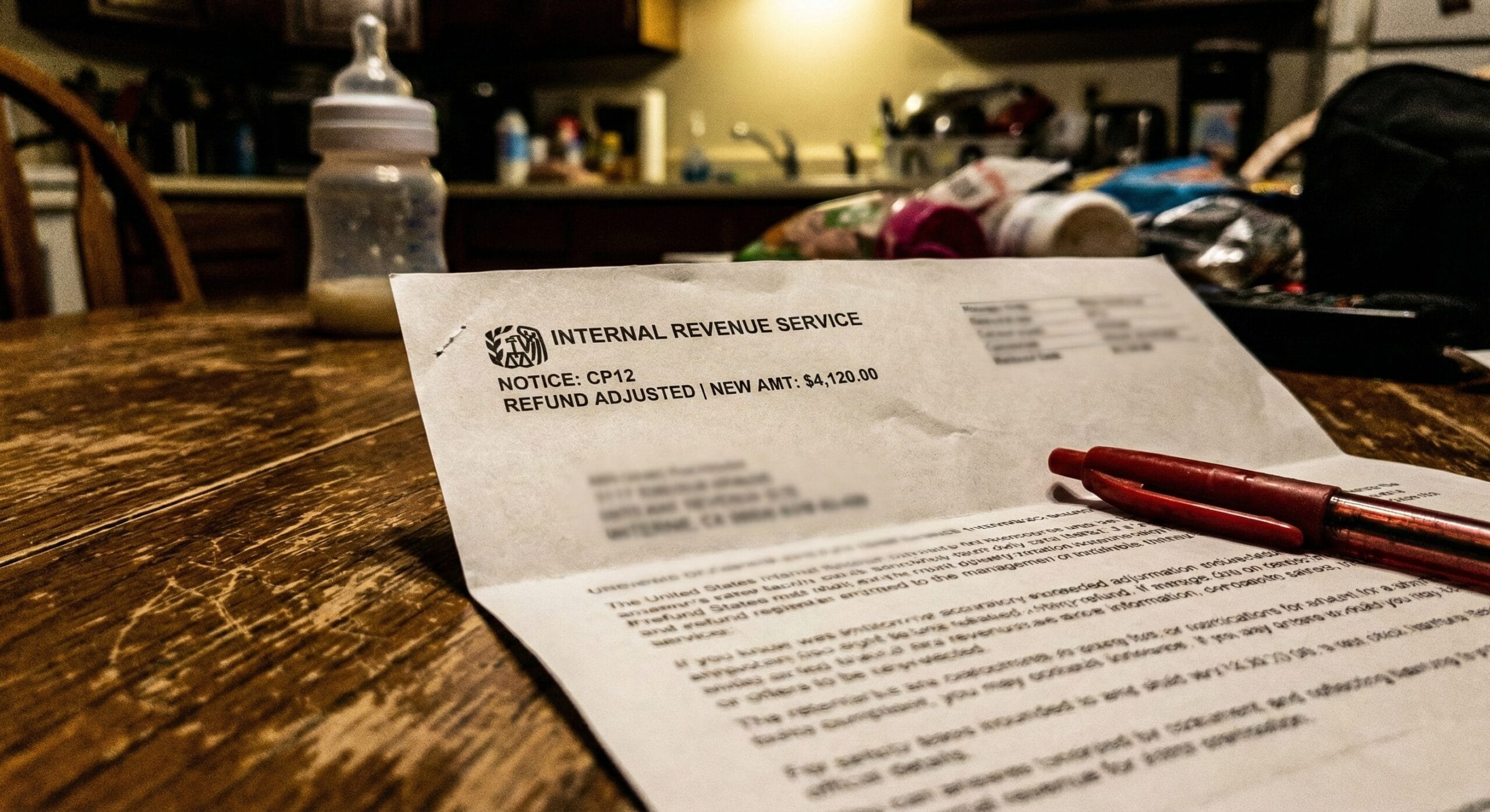 A crumpled IRS Notice CP12 lying on a kitchen table next to a calculator.