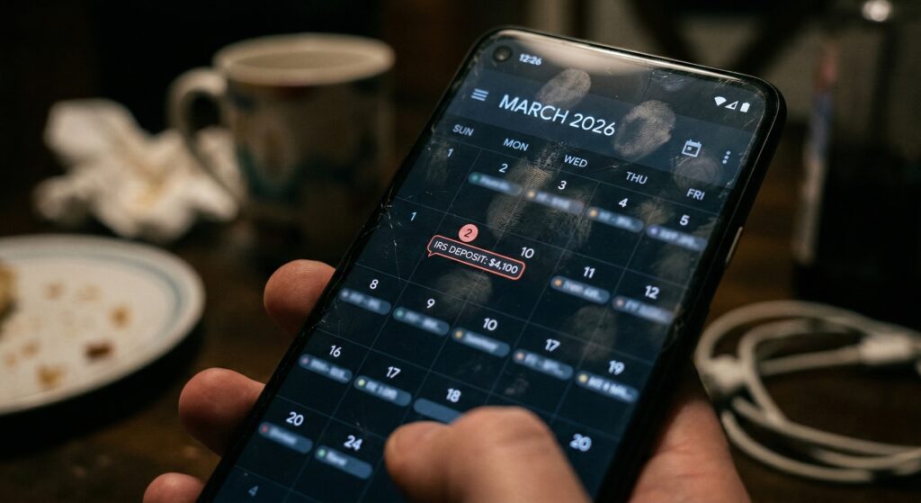 Smartphone calendar notification showing "IRS Refund Deposit" on March 2.