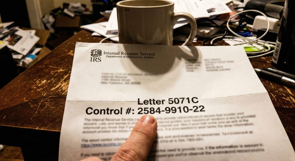 A crumpled IRS Letter 5071C lying on a messy kitchen table next to a smartphone.