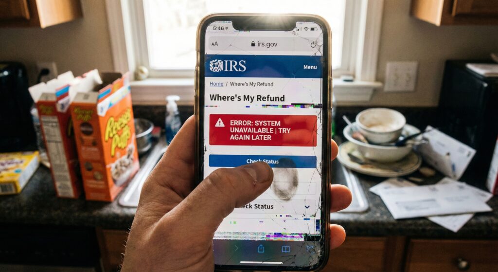 A hand holding a smartphone showing the IRS "Where's My Refund" tool with a "System Unavailable" error message.