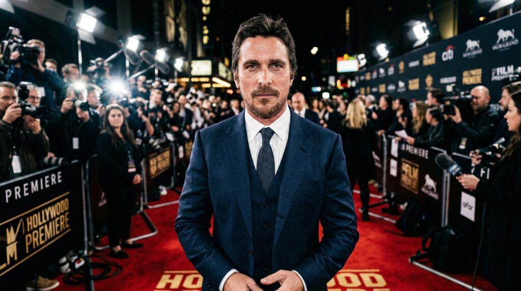 Christian Bale looking serious and intense during a red carpet interview at The Bride premiere in London