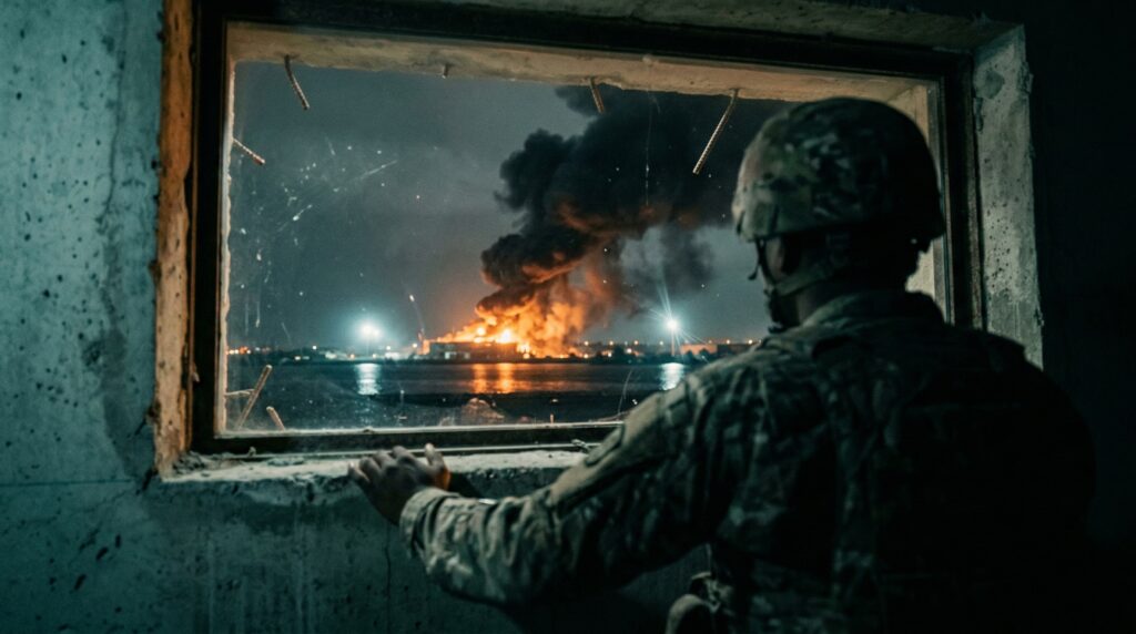 Smoke and fire rising from a US base in Bahrain at night after Iranian missile attack.