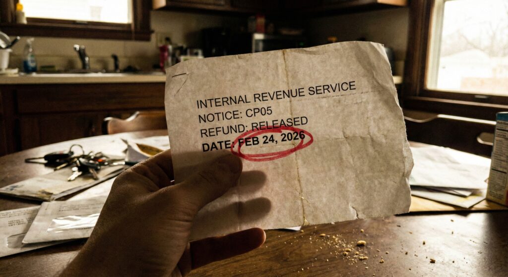 A crumpled official-looking letter with IRS tax return details on a messy table.