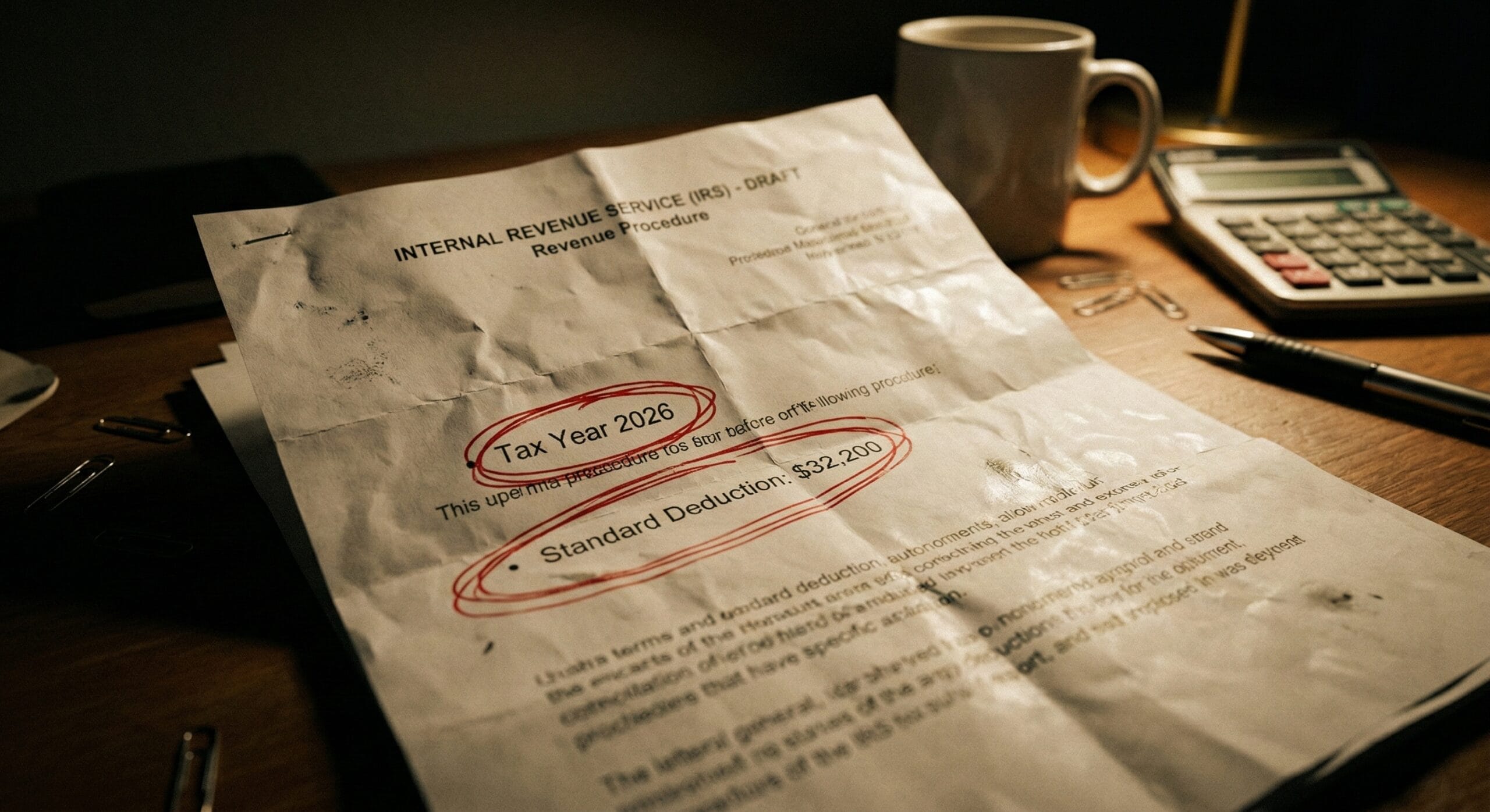 Crumpled paper showing IRS inflation projections for 2026 tax year.