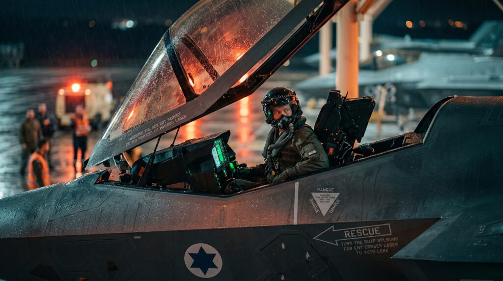 Israeli fighter pilot in cockpit at night preparing for preemptive strikes on Iran.