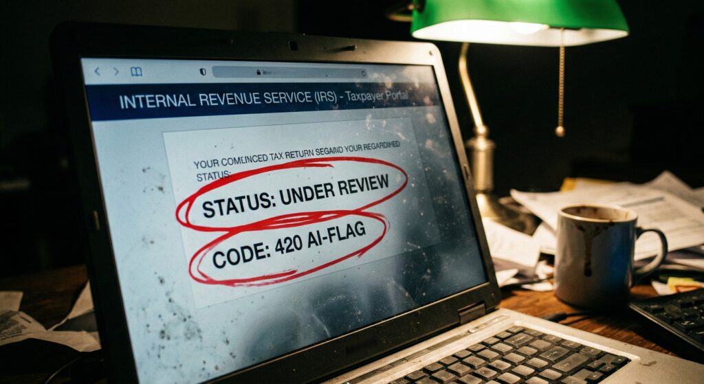 Smudged laptop screen displaying an IRS audit notification with a red circle around the case number.