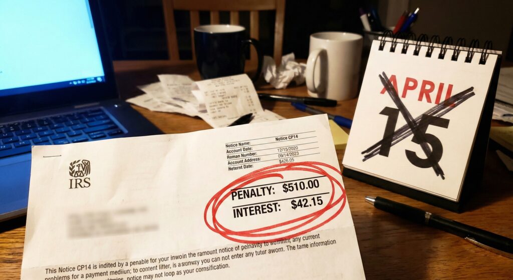 A desk calendar with April 15 crossed out and "LATE" written in red marker on April 16.