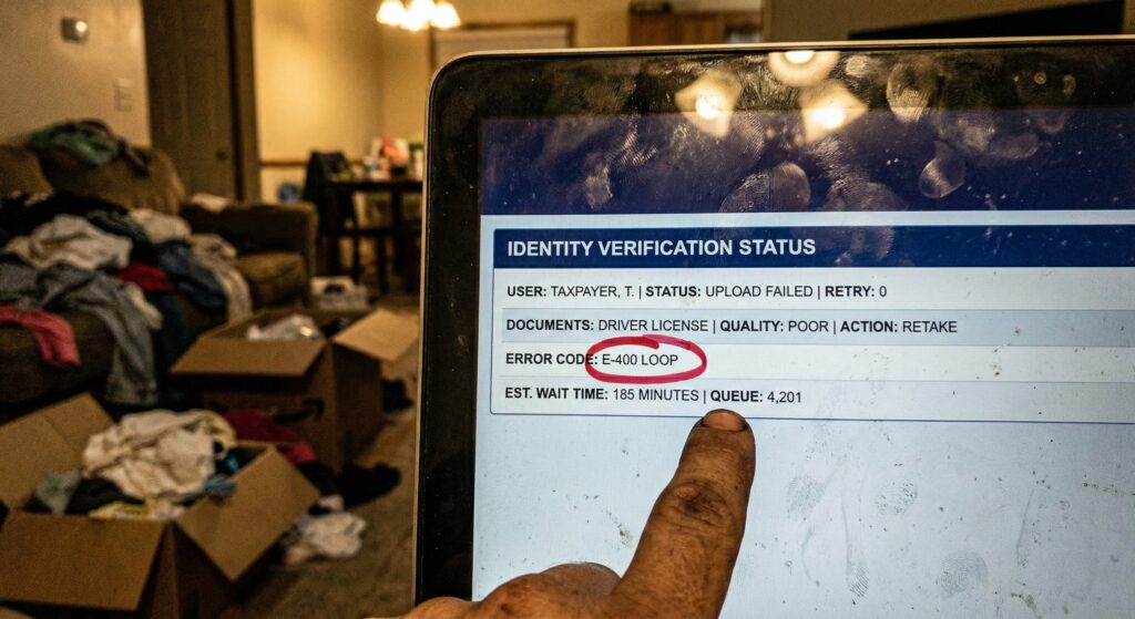 Gritty photo of a laptop screen showing an ID.me verification error code E-400 with a red circle.