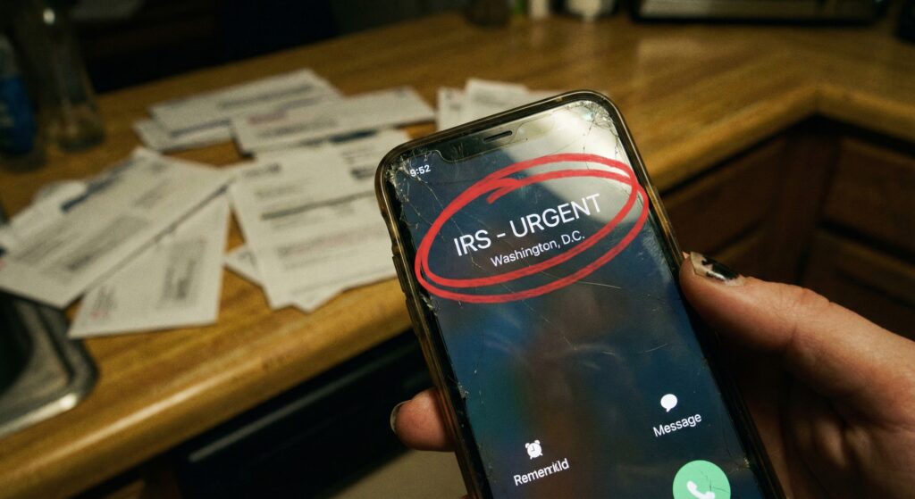A cracked smartphone screen displaying an incoming call from "IRS - URGENT" in a dark room.