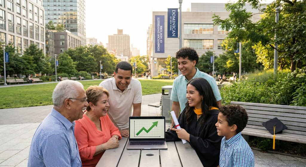 A documentary-style photograph illustrating the upward socioeconomic mobility of the Dominican-American