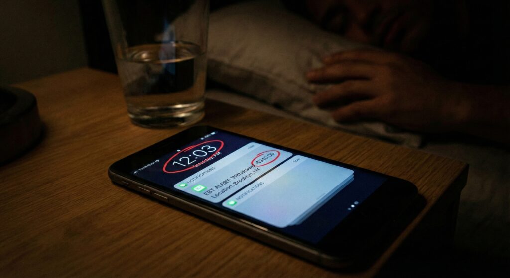 A smartphone in a dark room showing a "Withdrawal Alert" at 12:03 AM.