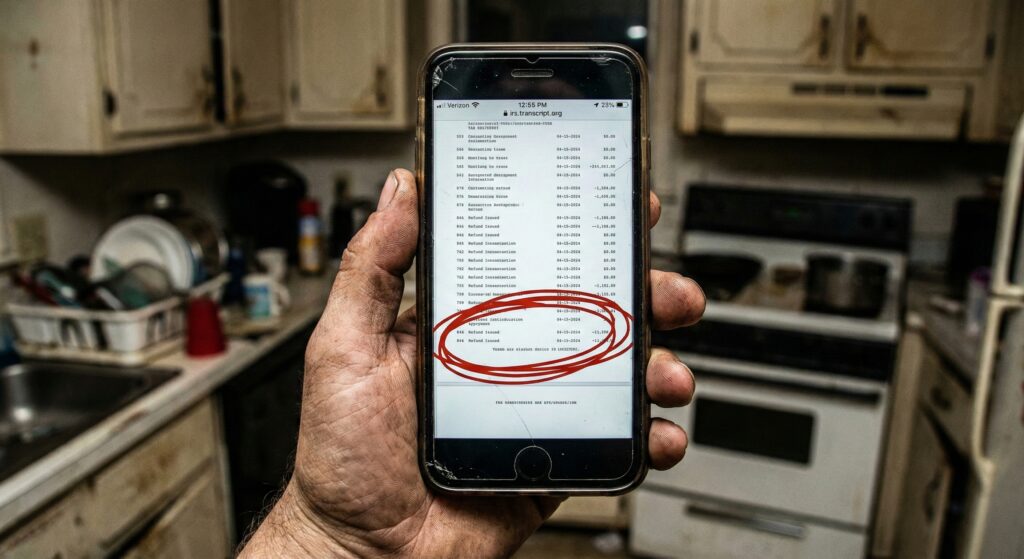 Hand holding smartphone showing IRS transcript with Code 846 circled in red marker.