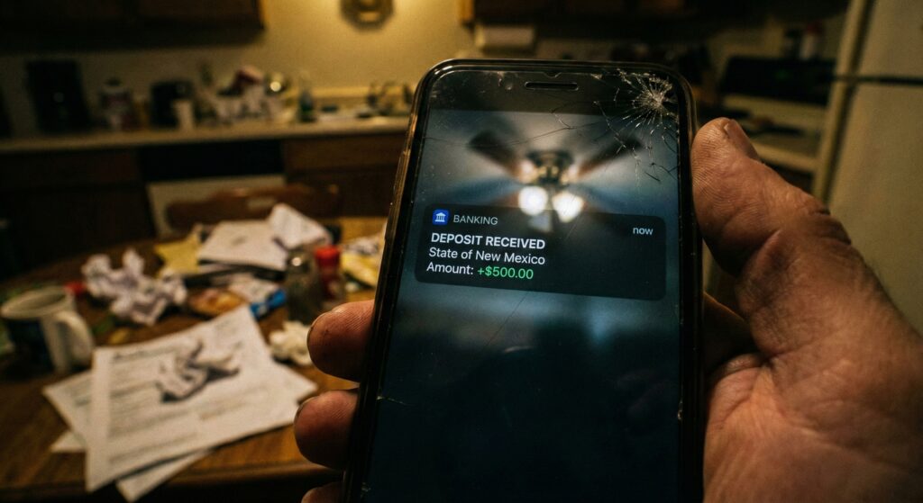 A cracked smartphone screen showing a bank notification for a deposit of $500.00 from "State of NM".