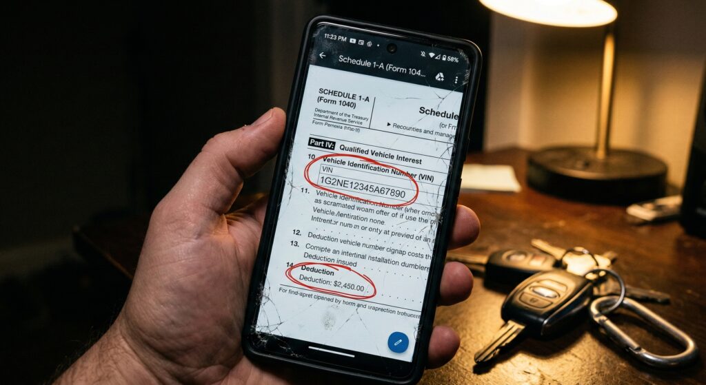 Cracked smartphone screen showing the new Schedule 1-A form for car loan interest.