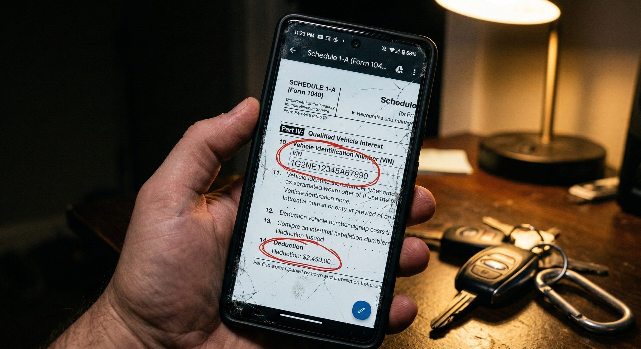 Cracked smartphone screen showing the new Schedule 1-A form for car loan interest.