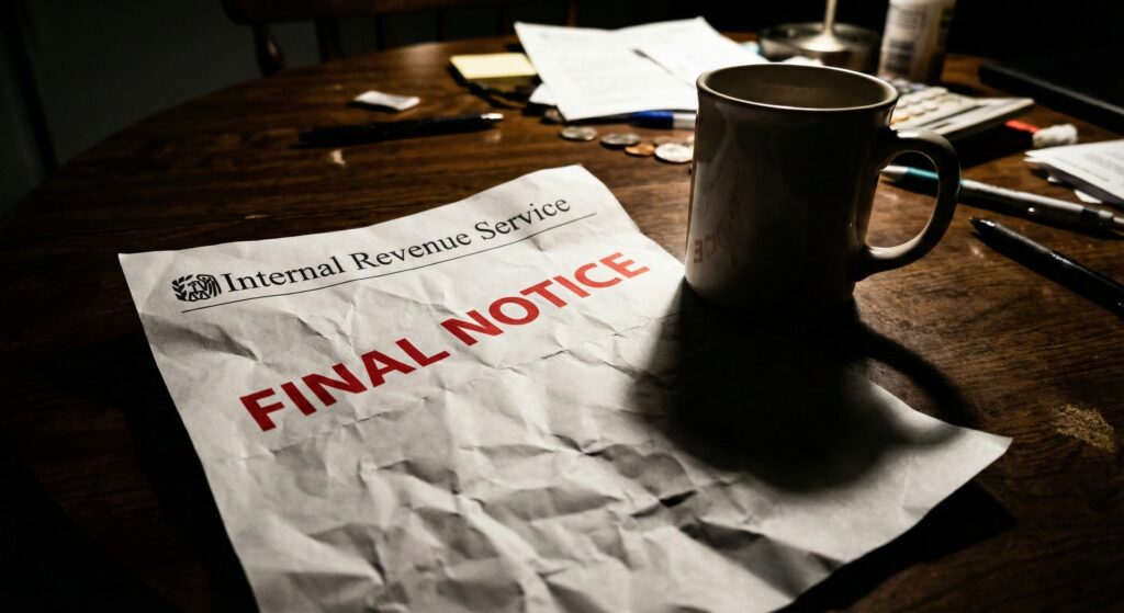 A crumpled fake IRS letter on a wooden table with red text saying Final Notice.