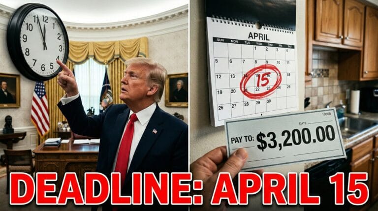 President Trump pointing at a calendar marked "April 15" regarding the 2026 tax filing deadline.