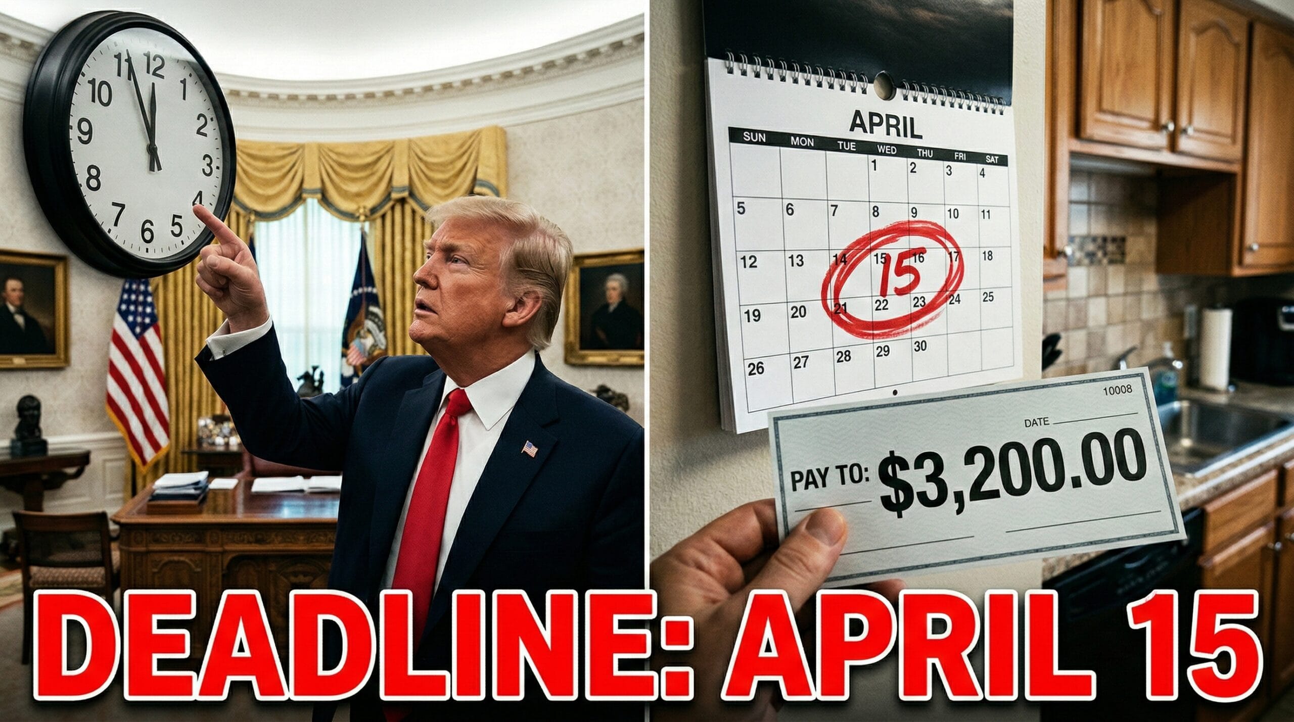 President Trump pointing at a calendar marked "April 15" regarding the 2026 tax filing deadline.