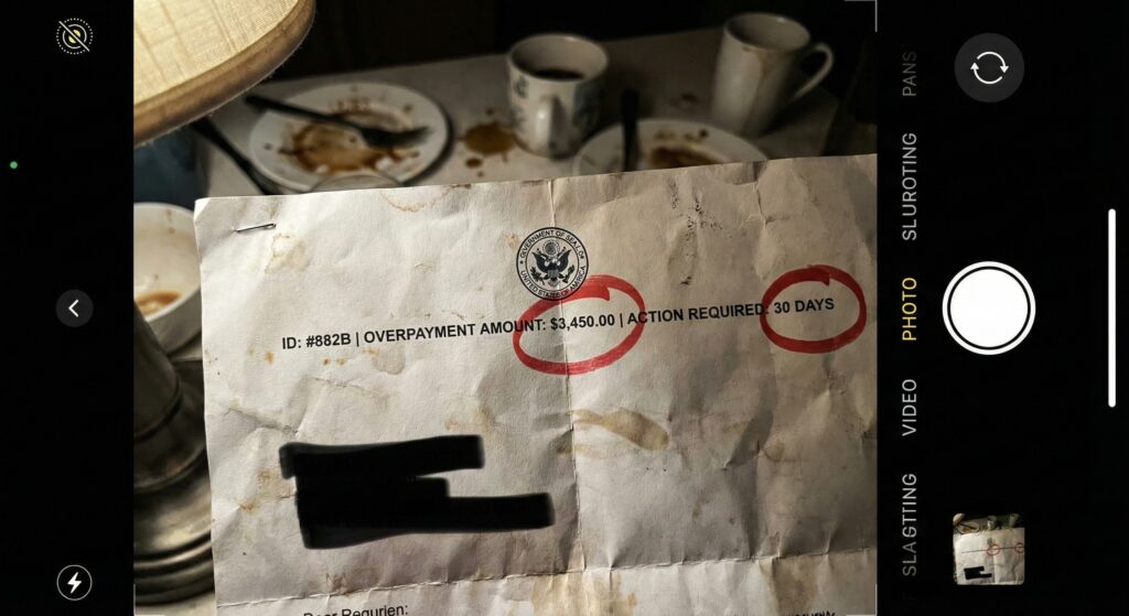 A crumpled, official-looking Social Security Administration overpayment notice resting on a dark, textured table.