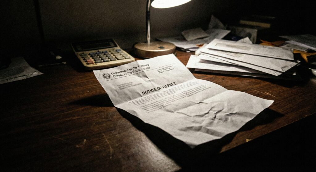 A crumpled official letter from the Department of the Treasury Bureau of the Fiscal Service regarding a refund offset.