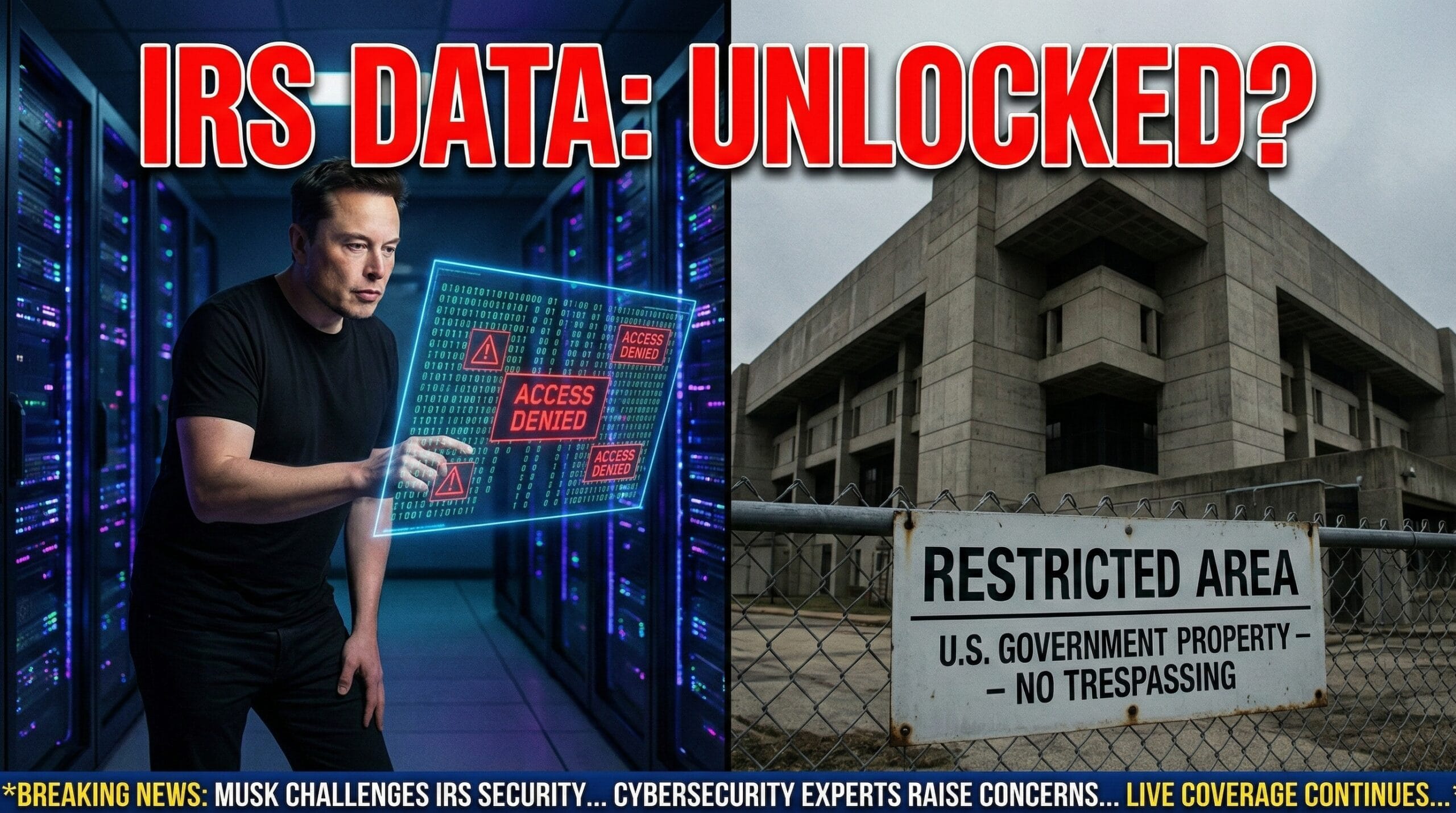 Elon Musk standing next to a server rack, reviewing a digital request for IRS Integrated Data Retrieval System (IDRS) access.