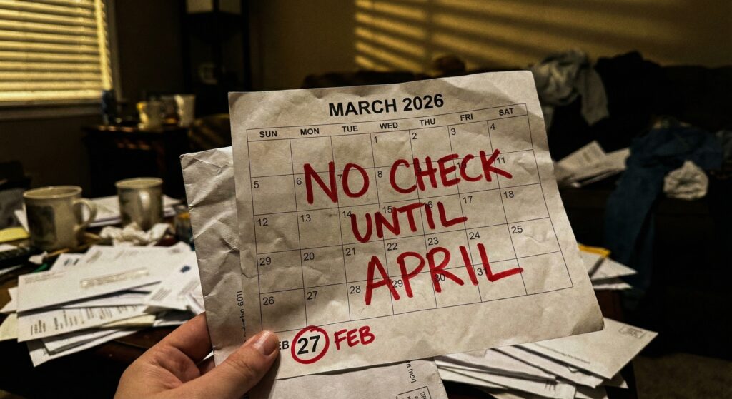 A 2026 calendar with March crossed out in red and "NO PAYMENT" written across it.