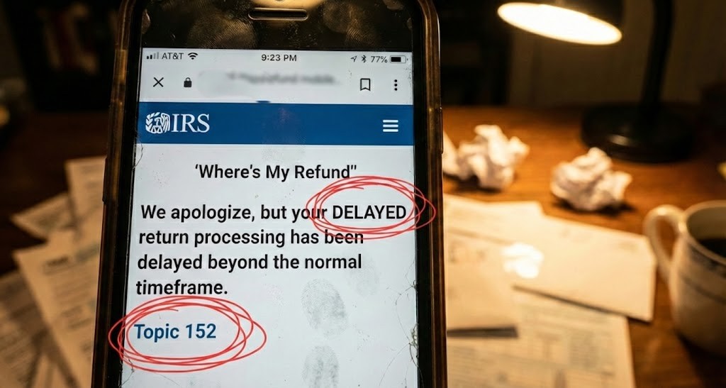 A hand holding a smartphone showing the IRS Where's My Refund app with the message "Return processing has been delayed".