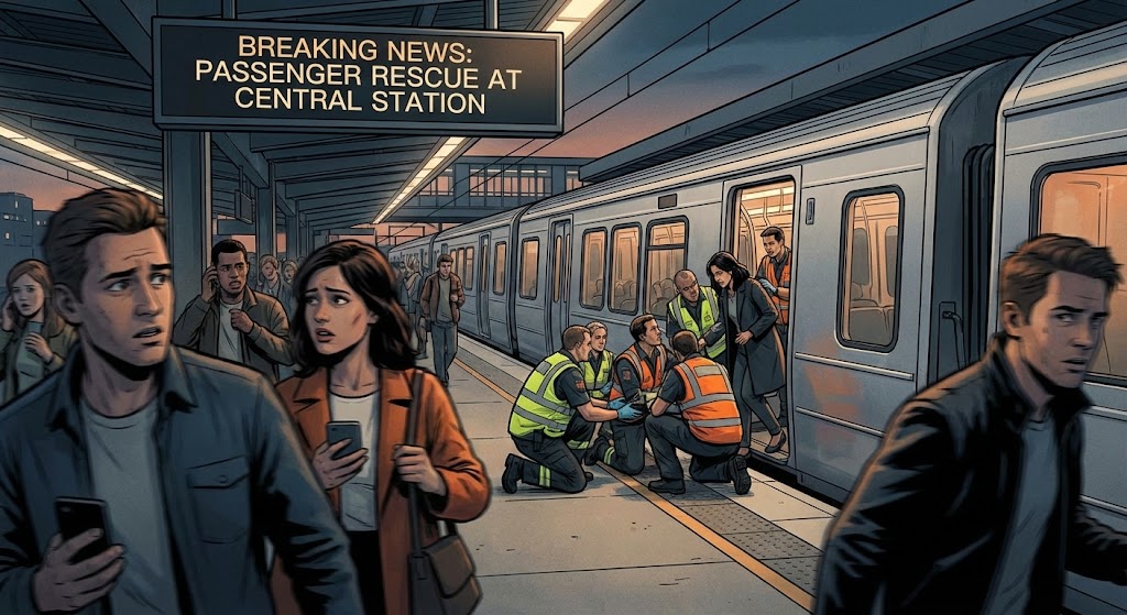 A dramatic news-style illustration of a modern train station platform. In the foreground, blurred figures of