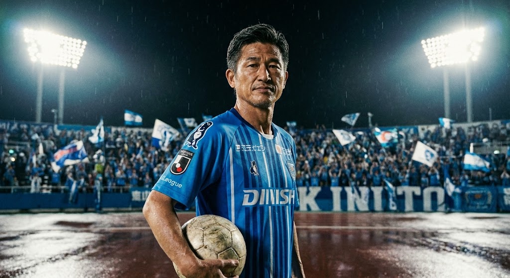 A heroic, cinematic portrait of an older Japanese soccer