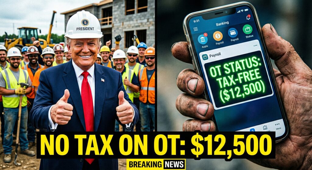 President Trump speaking at a manufacturing plant, split screen with a smartphone showing a $12,500 tax-free limit notification."