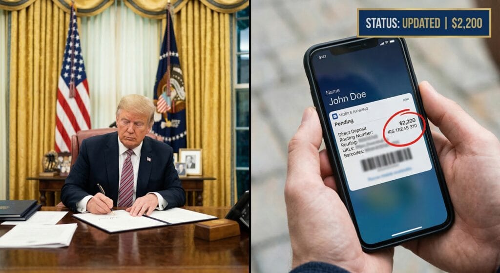 Split-screen showing the Oval Office signing of the One Big Beautiful Bill Act beside a handheld smartphone displaying a pending $2,200 IRS direct deposit notification.