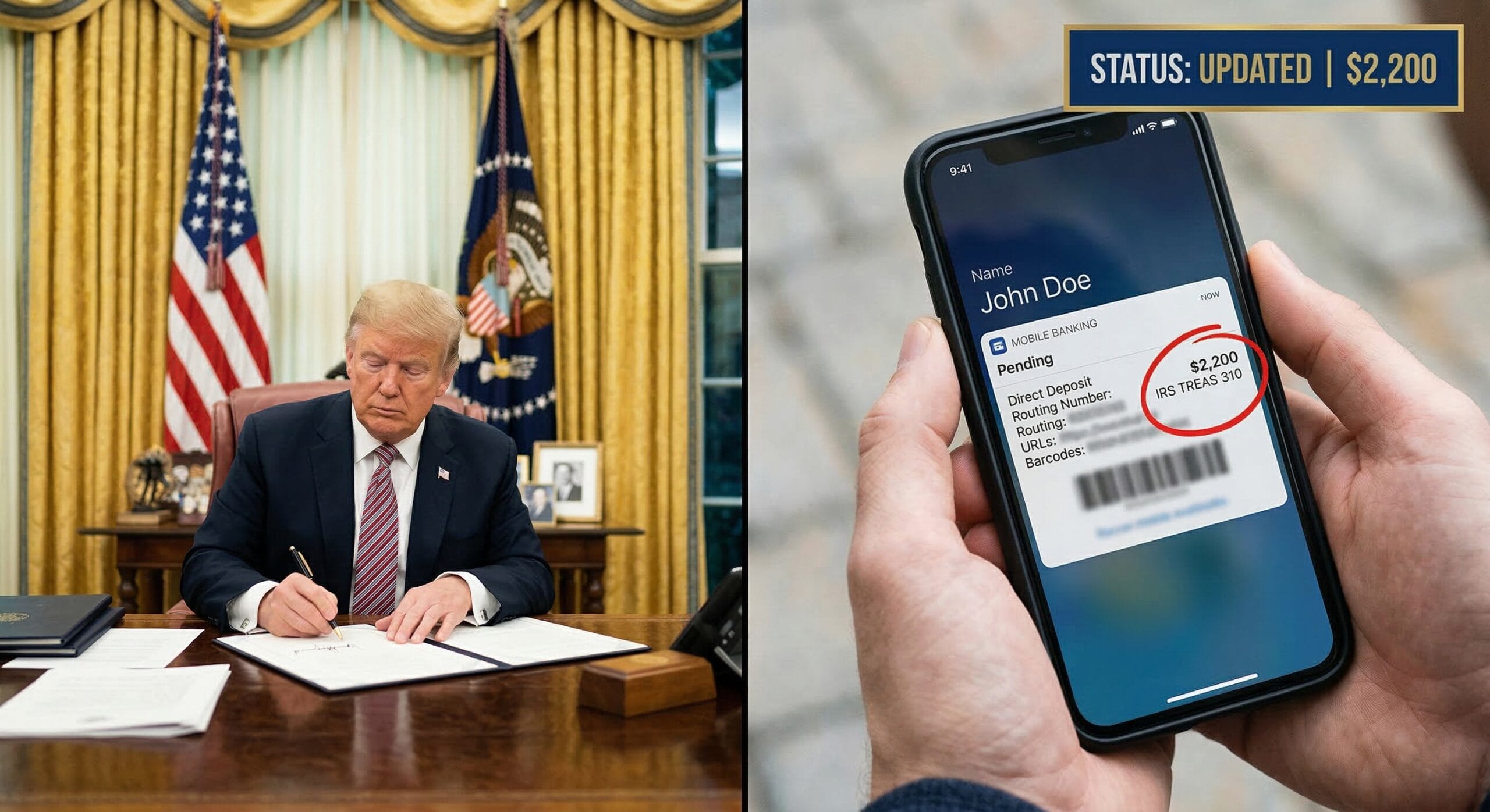 Split-screen showing the Oval Office signing of the One Big Beautiful Bill Act beside a handheld smartphone displaying a pending $2,200 IRS direct deposit notification.