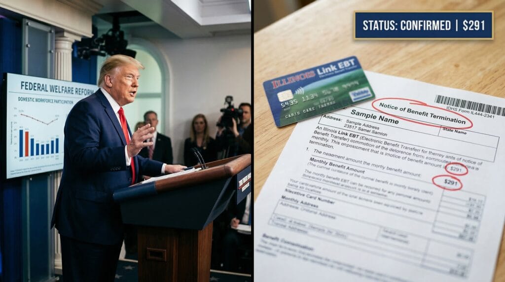 Trump administration policy briefing alongside a blurred Illinois Link EBT card and an IDHS notification detailing a $291 benefit termination.