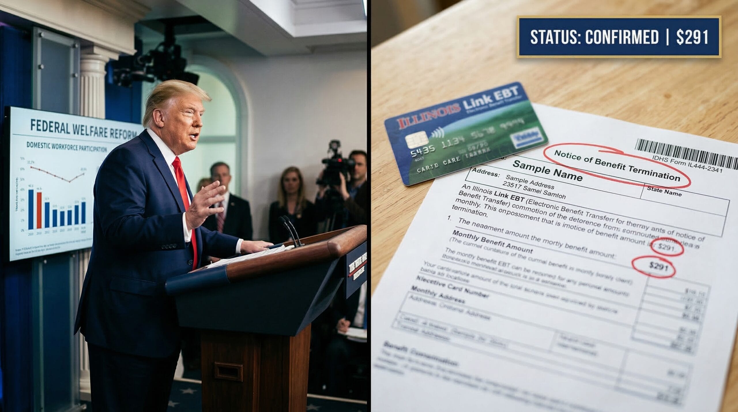 Trump administration policy briefing alongside a blurred Illinois Link EBT card and an IDHS notification detailing a $291 benefit termination.