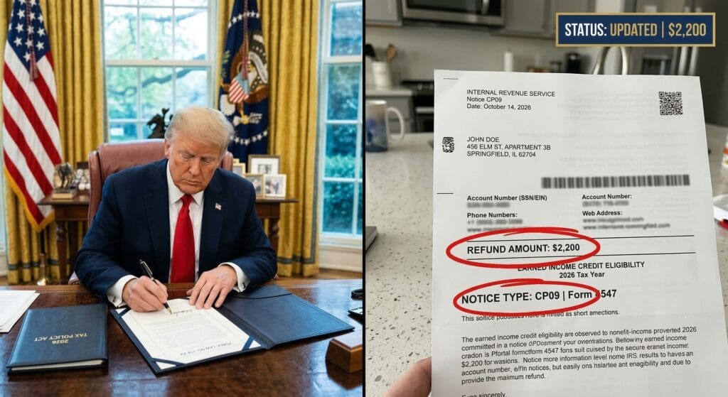 Split-screen showing Donald Trump at a signing desk alongside a blurred 2026 IRS Form 4547 and tax notice highlighting child refund amounts.