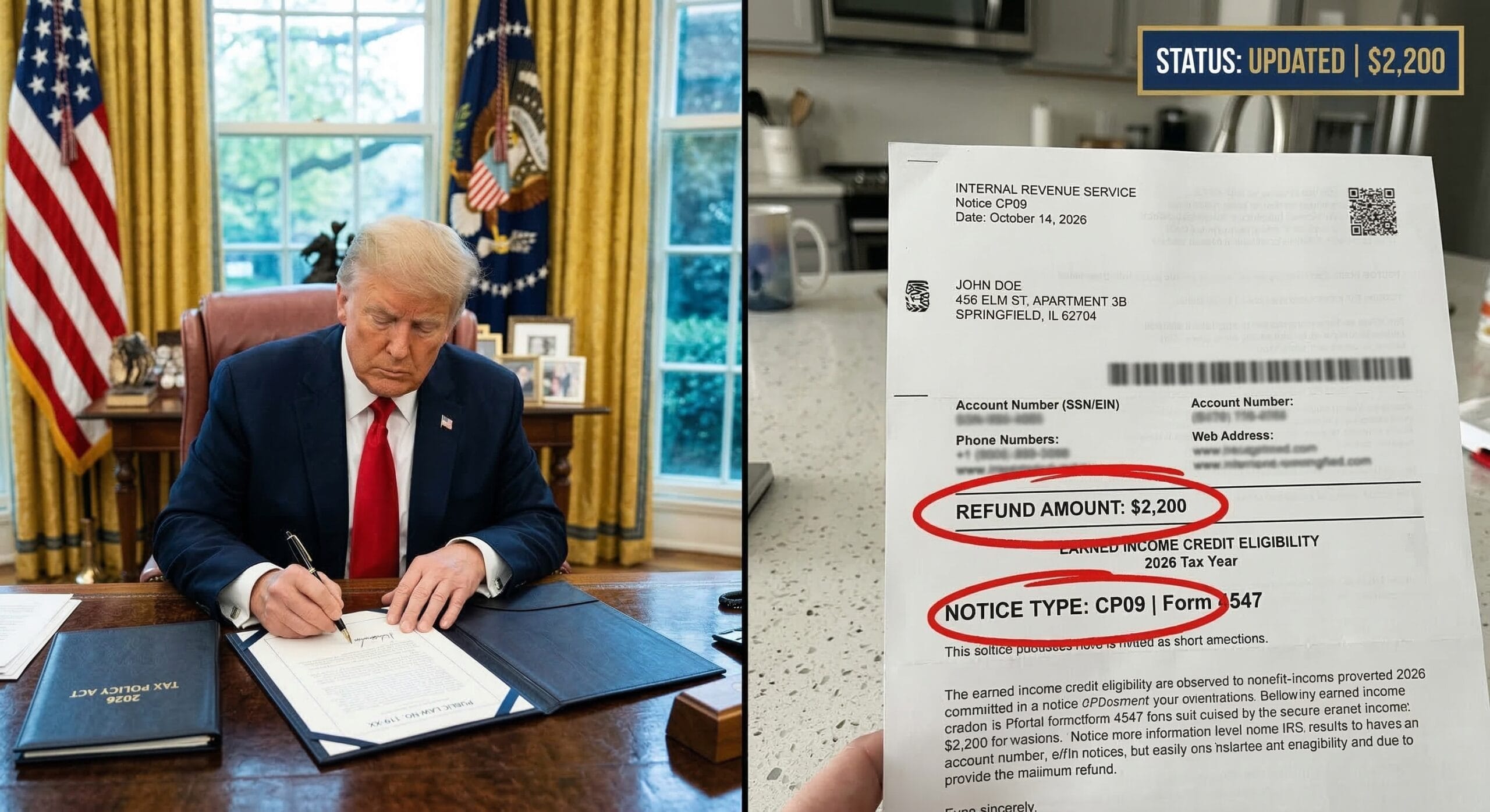 Split-screen showing Donald Trump at a signing desk alongside a blurred 2026 IRS Form 4547 and tax notice highlighting child refund amounts.