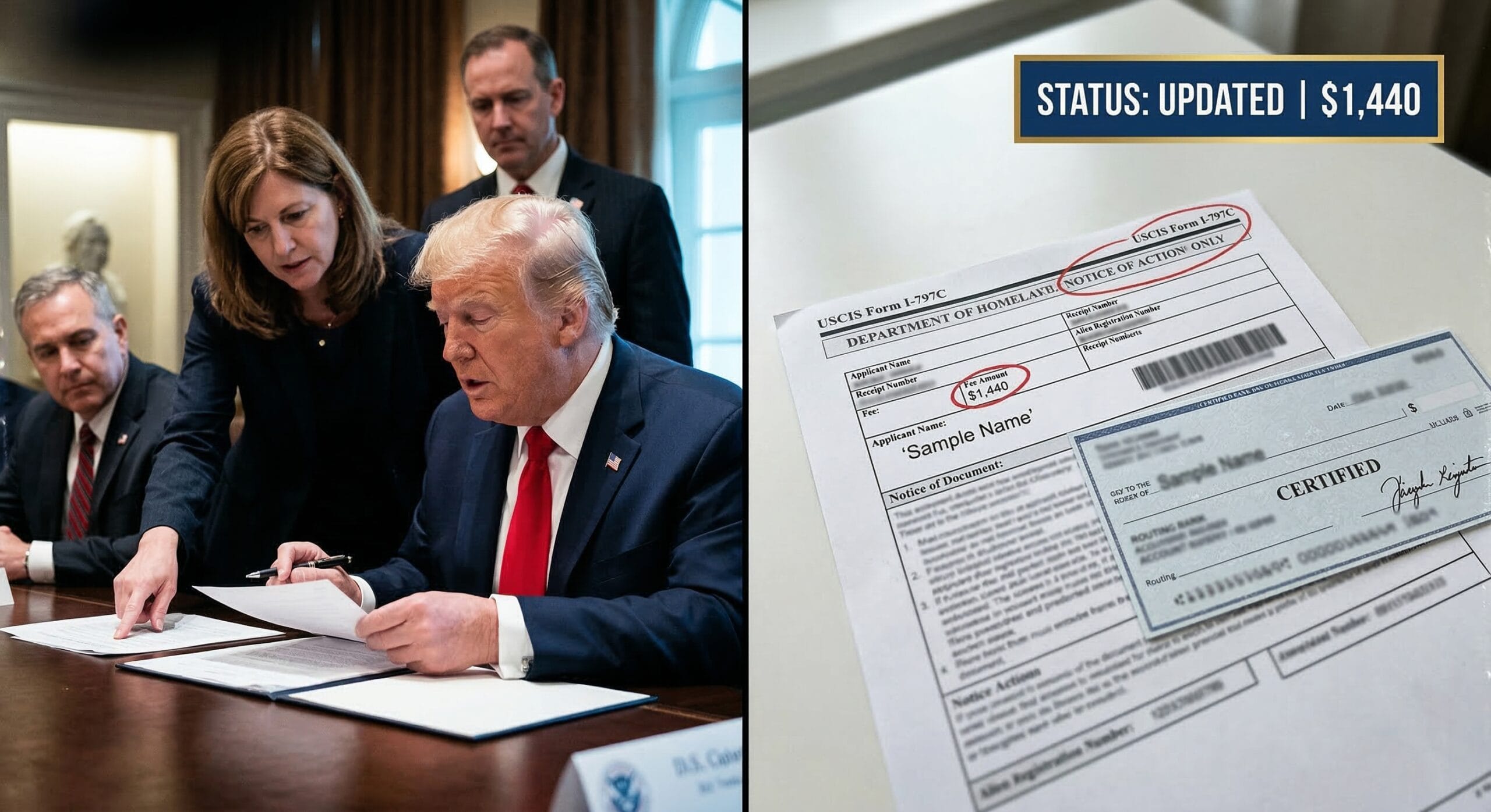 Trump administration policy briefing alongside a blurred USCIS notification showing a $1,440 filing fee requirement for a New Jersey permanent residency applicant.