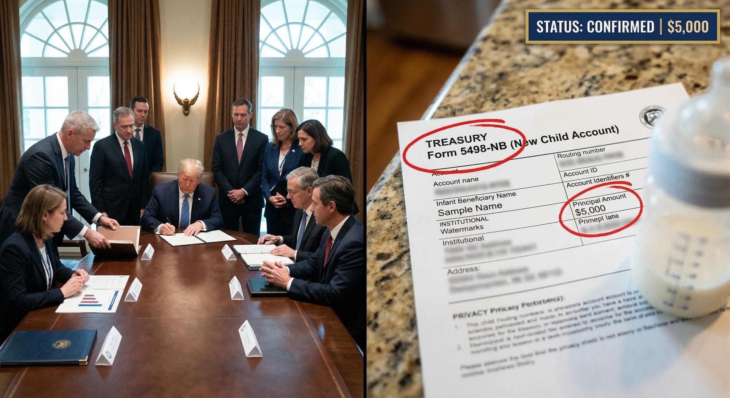 Trump administration policy briefing alongside a blurred Department of the Treasury notification showing a $5,000 newborn trust account assigned to an Ohio family.