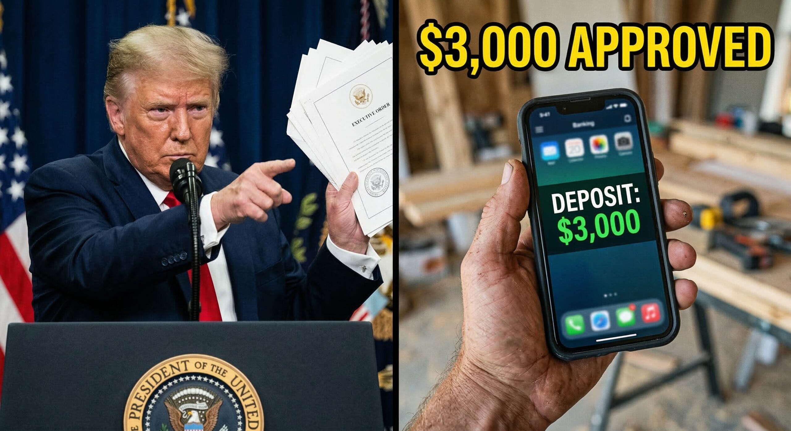President Trump holding executive document regarding the $3,000 financial relief update.