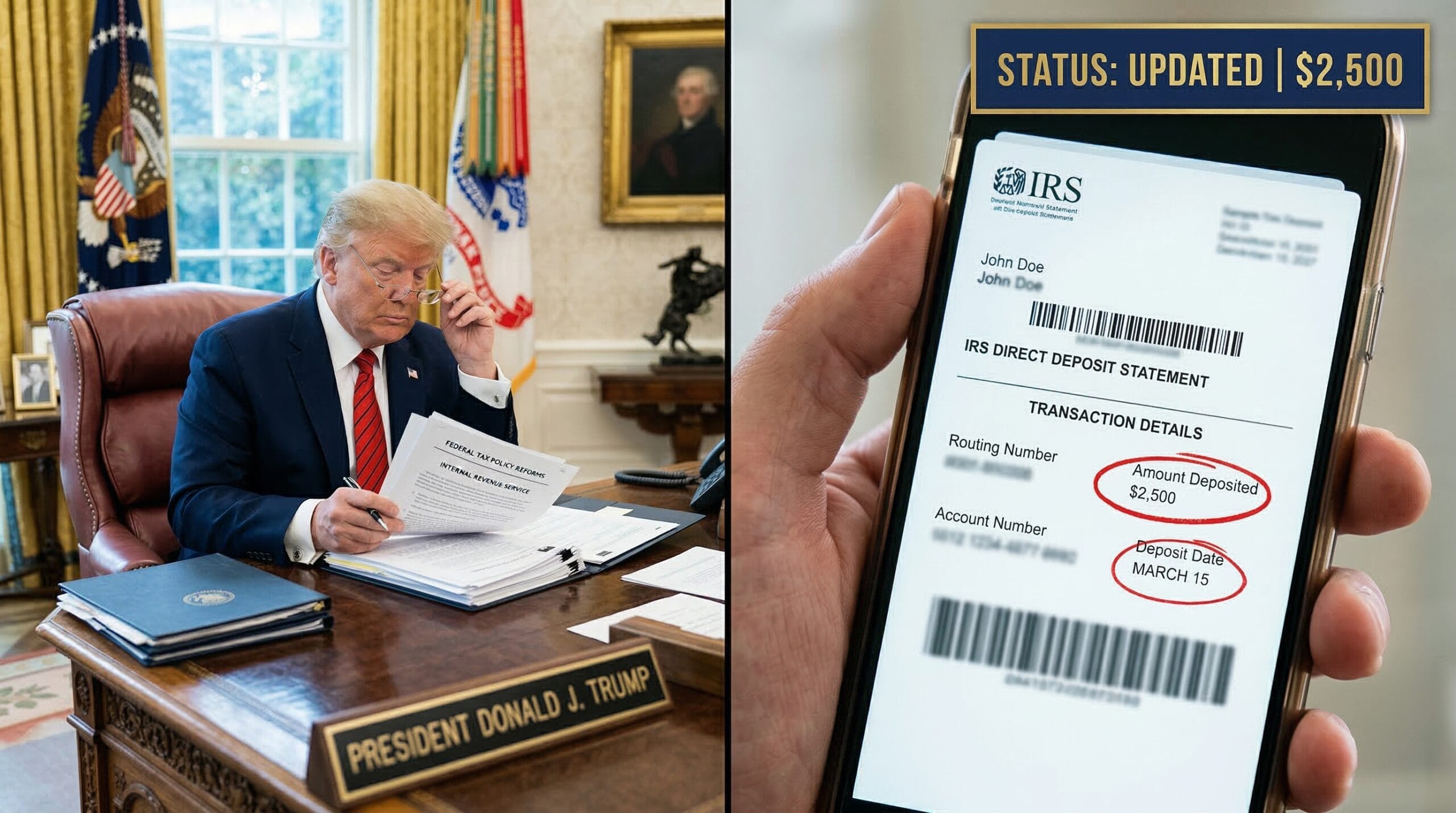 Split-screen showing President Trump at the Oval Office tax policy desk paired with a handheld photo of a blurred IRS direct deposit statement featuring a red circle around a $2,500 Schedule 1-A deposit.