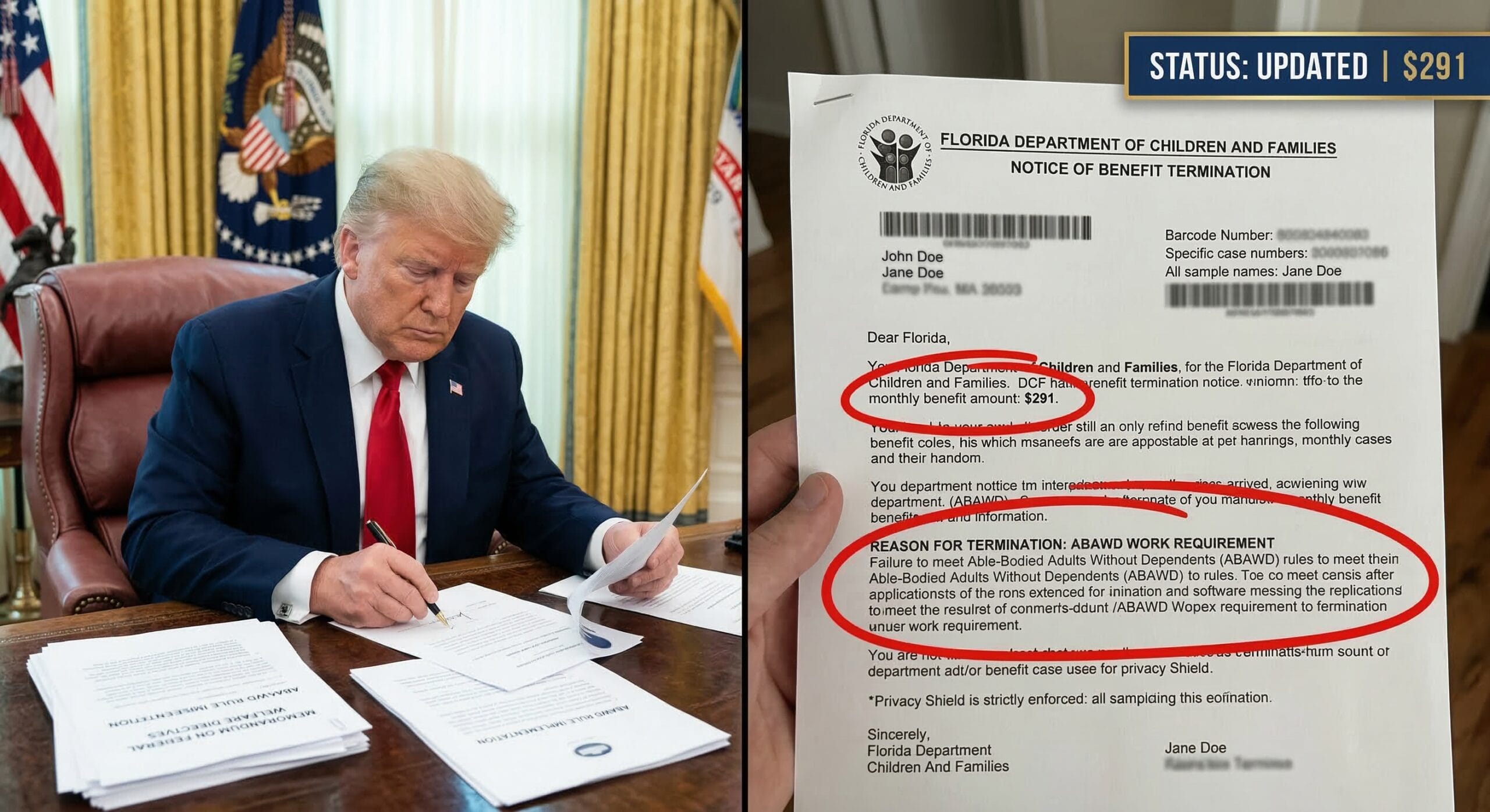 Split-screen showing President Trump at a White House policy desk paired with a handheld photo of a blurred Florida DCF SNAP notice featuring a red circle around a $291 benefit reduction.
